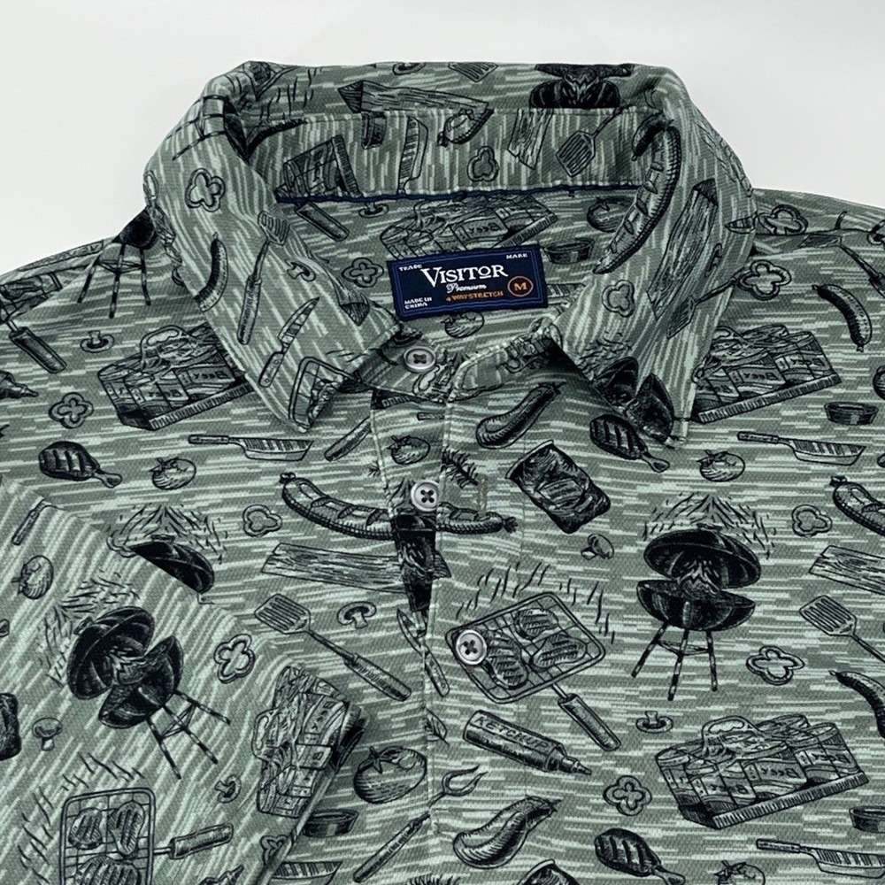 Visitor Premium Mens BBQ Grill Print Polo Shirt Green Grey 4-Way Stretch Medium